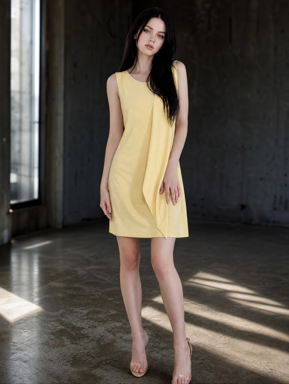 Escada Sport Butter Yellow Knit Shift Dress S Attached Scarf Quiet Luxury